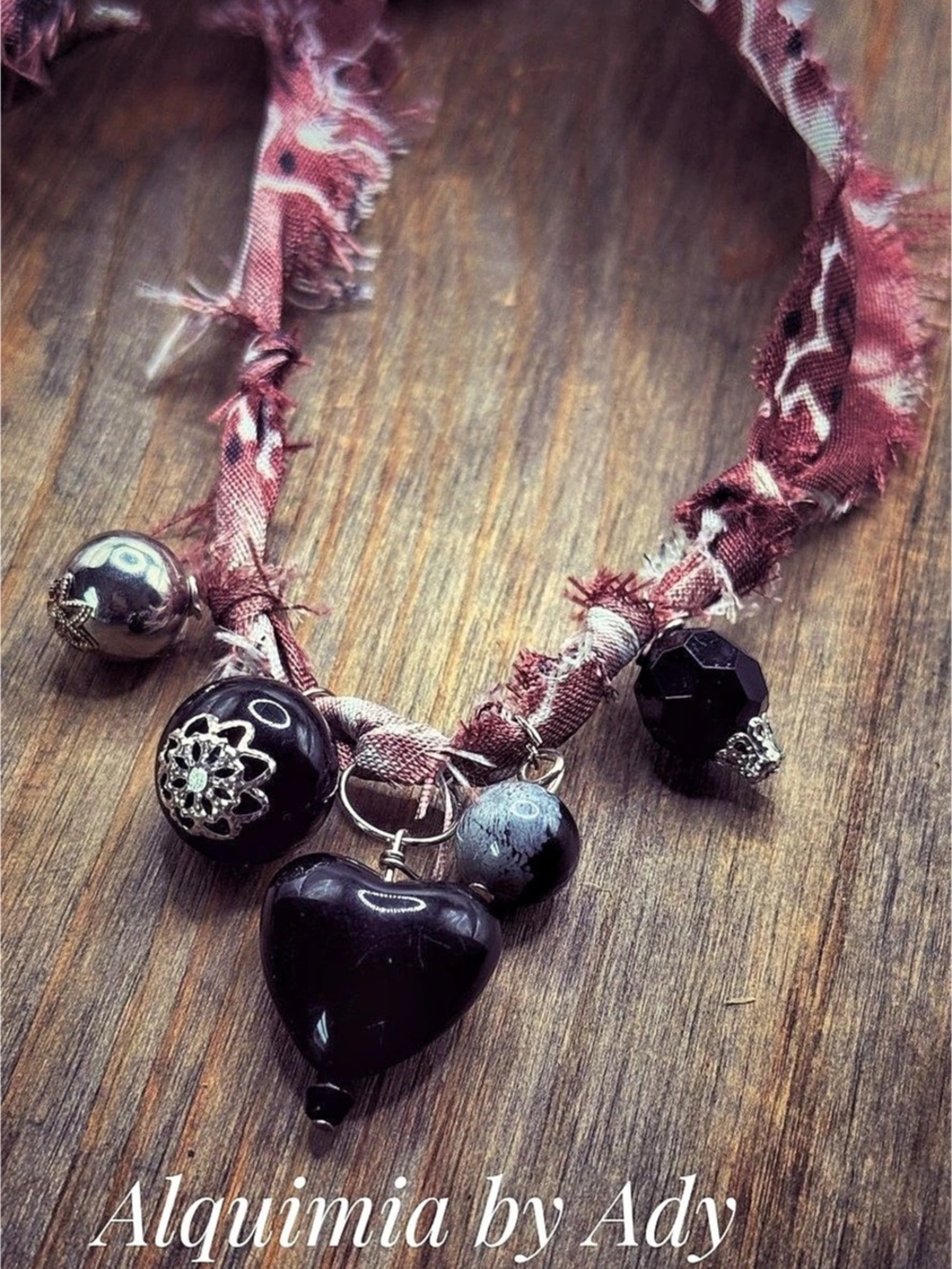 Alquimia by Ady Handmade Beaded Heart Pendant Necklace in Black & Purple